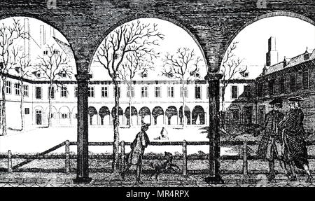 Kupferstich mit der Darstellung der Innenhof des Gresham College. Gresham College ist eine Institution der höheren Bildung am Barnard's Inn Halle aus Holborn in Central London, England. Vom 18. Jahrhundert Stockfoto