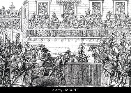 Holzstich, König Heinrich II. von Frankreich während eines Turniers tödlich verwundet wird. Heinrich II. (1519-1559) ein Monarch aus dem Haus Valois, der als König von Frankreich regiert. Vom 16. Jahrhundert Stockfoto