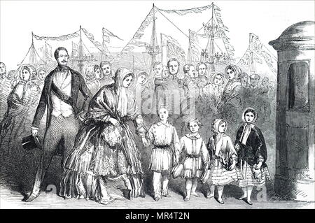 Gravur, Queen Victoria (1819-1901) und Prinz Albert (1819-1861) mit ihrer vier ältesten Kinder, an Bord der Königlichen Yacht "Victoria und Albert" in David Harbour während ihres Besuchs in Irland. Vom 19. Jahrhundert Stockfoto