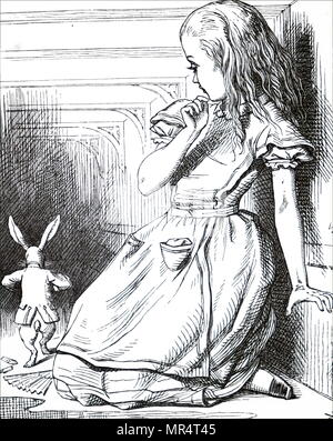 Abbildung: Darstellung einer Szene aus Lewis Carroll' Durch das Schauen-glas und was Alice dort fand" - Alice, in das Stück Kuchen mit EAT ME in johannisbeeren auf es gegessen, wächst 9 m hoch und ist nicht in der Lage, durch den Garten Tür zu erhalten, Uhren das weiße Kaninchen in die Dunkelheit zu hasten. Illustriert von John Tenniel (1820-1914) ein englischer Illustrator Grafik Humorist und politischen Karikaturisten. Vom 19. Jahrhundert Stockfoto