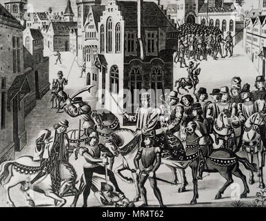 Gravur, William Walworth markante Wat Tyler, wie er an Richard II. in Smithfield spricht. Tyler war in St. Bartholomä Krankenhaus genommen, aber Walworth hatte ihm gezogen und enthauptet. Sir William Walworth (d. 1385), wurde zweimal Oberbürgermeister von London, am besten für das Töten von Wat Tyler bekannt. Wat Tyler (1342-1381) Führer der 1381 Bauern Revolte in England. Richard II. von England (1367-1400) König von England. Vom 16. Jahrhundert Stockfoto