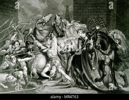 Gravur, William Walworth markante Wat Tyler, wie er an Richard II. in Smithfield spricht. Tyler war in St. Bartholomä Krankenhaus genommen, aber Walworth hatte ihm gezogen und enthauptet. Sir William Walworth (d. 1385), wurde zweimal Oberbürgermeister von London, am besten für das Töten von Wat Tyler bekannt. Wat Tyler (1342-1381) Führer der 1381 Bauern Revolte in England. Richard II. von England (1367-1400) König von England. Vom 19. Jahrhundert Stockfoto