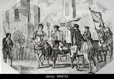 Gravur, William Walworth markante Wat Tyler, wie er an Richard II. in Smithfield spricht. Tyler war in St. Bartholomä Krankenhaus genommen, aber Walworth hatte ihm gezogen und enthauptet. Sir William Walworth (d. 1385), wurde zweimal Oberbürgermeister von London, am besten für das Töten von Wat Tyler bekannt. Wat Tyler (1342-1381) Führer der 1381 Bauern Revolte in England. Richard II. von England (1367-1400) König von England. Vom 19. Jahrhundert Stockfoto