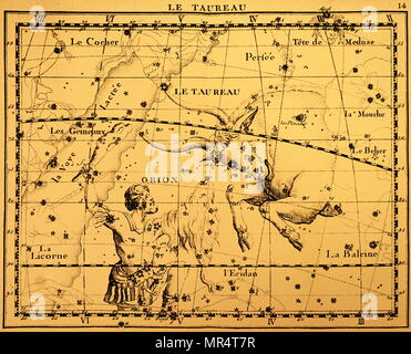 Kupferstich mit der Darstellung der Sternbilder Orion und Taurus. Orion ist eine markante Konstellation auf dem Himmelsäquator entfernt und sichtbar in der ganzen Welt. Es war nach Orion, einem Jäger in der griechischen Mythologie benannt. Der Stier ist eines der Sternbilder des Tierkreises. Vom 18. Jahrhundert Stockfoto