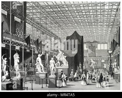 Gravur, die das Innere des Crystal Palace (der Hauptstraße) während der Weltausstellung von 1851. Skulpturen und industrielle Kunst aus vielen Nationen waren auf Anzeige entlang der Hauptstraße. Vom 19. Jahrhundert Stockfoto