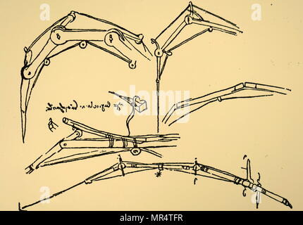 Skizze, die gelenkwelle Wings von Leonardo da Vinci. Leonardo da Vinci (1452-1519), einem italienischen Universalgelehrten der Renaissance, deren Interessengebiete enthalten Erfindung, Malerei, Bildhauerei, Architektur, Wissenschaft, Musik, Mathematik, Technik, Literatur, Anatomie, Geologie, Astronomie, Botanik, Schreiben, Geschichte, und Kartographie. Vom 16. Jahrhundert Stockfoto