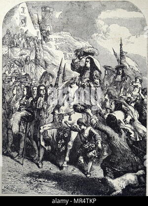 König Wilhelm III (1650-1702 Exeter Eingabe auf seinem Weg nach London. Als Wilhelm von Orange bekannt. King William war souveräner Fürst von Oranien von Geburt, stadthalter von Holland, Zeeland, Utrecht, Gelderland und Overijssel in der niederländischen Republik von 1672 und der König von England, Irland und Schottland von 1689 bis zu seinem Tod im Jahre 1702. Es ist ein Zufall, dass sein Regal Anzahl (III) das gleiche für beide Orange und England war. Als König von Schottland, er ist bekannt als Wilhelm II. Stockfoto