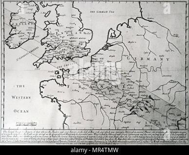 Edmond Halley's Solar Eclipse Chart an, die den Weg von der Schatten des Mondes über Europa, England und Irland während der Sonnenfinsternis im Mai 1724. Edmond Halley (1656-1742) ein englischer Astronom, Mathematiker, Geophysiker und Meteorologe, Physiker, der am besten für die Berechnung der Umlaufbahn des Kometen Halley bekannt ist. Vom 18. Jahrhundert Stockfoto