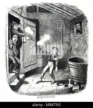 Abbildung: Darstellung der Charakter Oliver Twist: Oliver ist verletzt, wenn von Bill Sykes gezwungen, einen Einbruch zu tragen. Illustriert von George Cruikshank (1792-1878) ein britischer Karikaturist und Illustrator. Vom 19. Jahrhundert Stockfoto