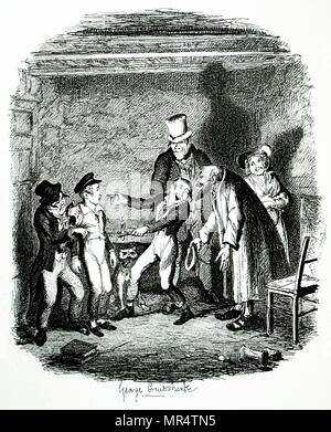 Abbildung: Darstellung der Charakter Oliver Twist: Oliver gespeichert sind, "fagin und die Jungs von Bill Sykes und Nancy. Illustriert von George Cruikshank (1792-1878) ein britischer Karikaturist und Illustrator. Vom 19. Jahrhundert Stockfoto