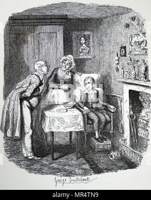 Abbildung: Darstellung der Charakter Oliver Twist: Herr Brownlow Oliver's sickroom besuchen, um zu sehen, wie er weiterkommt, während Frau Bedwin die Haushälterin auf aussieht. An der Wand ist das Portrait, das Entdecken wir später ist Oliver's Mutter. Illustriert von George Cruikshank (1792-1878) ein britischer Karikaturist und Illustrator. Vom 19. Jahrhundert Stockfoto