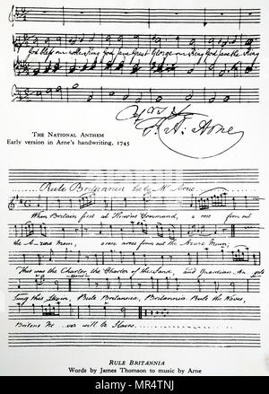 Noten für die britische Nationalhymne und Rule Britannia komponiert von Thomas Arne. Thomas Arne (1710-1778) ein englischer Komponist. Vom 18. Jahrhundert Stockfoto