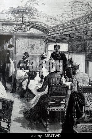 Gravur, die das Innere eines Speisewaggens im Orient Express. Der Orient Express war ein personenfernverkehr Zug 1883 Erstellt von Compagnie Internationale des Wagons-Lits. Vom 19. Jahrhundert Stockfoto