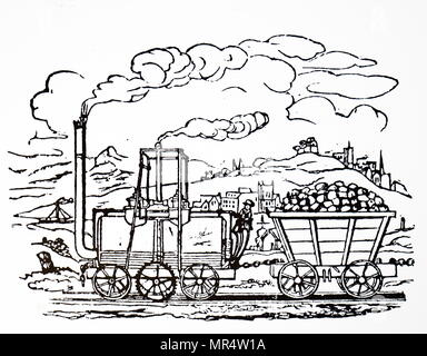 Gravur, Matthew Murray's Dampflokomotive gebaut für John Blenkinsop Kohlen von Middleton Colliery nach Leeds zu schleppen im Jahre 1812 verwendet. Matthew Murray (1765-1826) ein englischer Dampfmaschine und Maschinenhersteller, die entworfen und gebaut, der ersten kommerziell tragfähigen Dampflokomotive, die Twin Zylinder Salamanca. John Blenkinsop (1783-1831) ein englischer Bergbau Ingenieur und Erfinder von Dampflokomotiven, die die ersten praktischen Eisenbahn Lokomotive konzipiert. Vom 19. Jahrhundert Stockfoto