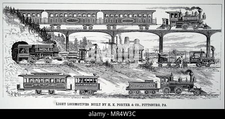 Gravur, die verschiedene Licht Lokomotiven Gebaut von H.K. Porter&Co., Pittsburgh. Vom 19. Jahrhundert Stockfoto