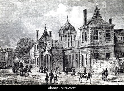 Abbildung: Darstellung der Außenansicht von Montagu Haus, Bloomsbury, einer späten 17. Jahrhundert in die Great Russell Street im Stadtteil Bloomsbury in London, die die ersten Zuhause wurde von dem Britischen Museum. Vom 17. Jahrhundert Stockfoto