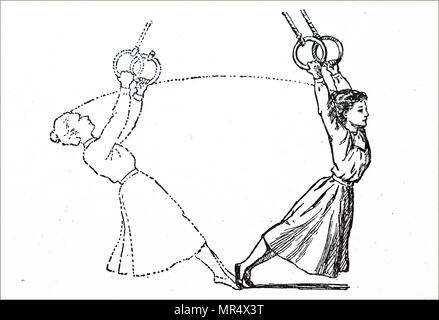 Abbildung: Darstellung einer jungen weiblichen Gymnast üben mit Gymnastik Ringe, zwei Ringe, die sich aus der Decke, ausgesetzt worden waren. Vom 20. Jahrhundert Stockfoto