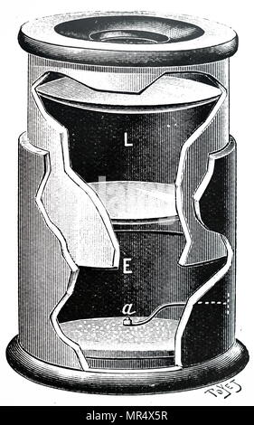 Diagramm mit der Darstellung eines spinthariscope erfunden von William Crookes. Eine spinthariscope - ein Spielzeug, in der ein kleines Stück radium Compound a) ertönt Alpha-strahlen, die auf einem Stück Zinksulfid e), die dadurch scintillates tangiert werden. Scintillation wird durch eine Lupe L beobachtet). Sir William Crookes (1832-1919) ein englischer Chemiker und Physiker. Vom 20. Jahrhundert Stockfoto