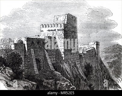Abbildung mit einer Ansicht von Hebron, einer palästinensischen Stadt in der südlichen West Bank befindet, zeigt einen Teil der Wände, einschließlich der Türme von Judäa. Vom 19. Jahrhundert Stockfoto