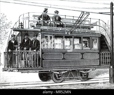 Abbildung: Darstellung eines Siemens elektrische Straßenbahn auf dem Pariser Strom Ausstellung, 1881. Carl Wilhelm Siemens (1823-1883), deutscher Ingenieur und Unternehmer. Vom 19. Jahrhundert Stockfoto