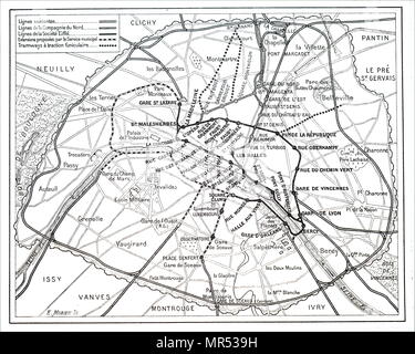 Karte, die die derzeitige und die vorgeschlagene Linien der Pariser Metro. Vom 19. Jahrhundert Stockfoto