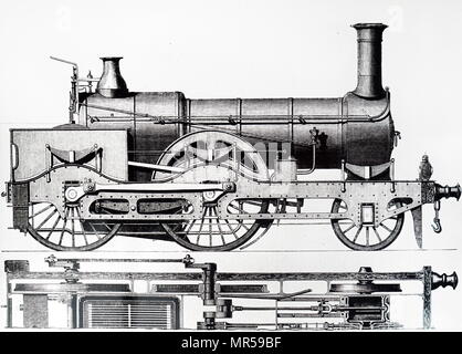 Kupferstich mit der Darstellung eines 2-4-0 Lokomotive für die Great Northern Railway, entworfen von Archibald Sturrock und durch J. Fowler & Co., Leeds gebaut. Archibald Sturrock (1816-1909) eine schottische Maschinenbauer, die an Petruchie, Angus, Schottland geboren wurde. Vom 19. Jahrhundert Stockfoto