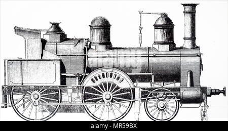 Kupferstich mit der Darstellung eines 2-4-0 Lokomotive für die Bergisch-Marische Eisenbahn entworfen von Archibald Sturrock und durch J. Fowler & Co., Leeds gebaut. Archibald Sturrock (1816-1909) eine schottische Maschinenbauer, die an Petruchie, Angus, Schottland geboren wurde. Vom 19. Jahrhundert Stockfoto