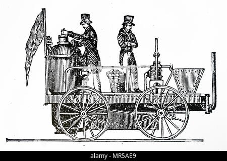 Gravur Darstellung Braithwaite & Ericsson's Lok "Neuheit". Neuheit war einer der ersten Dampflokomotive, die an der Rainhill Trials 1829 nahm. John Braithwaite (1797-1870) ein englischer Ingenieur, der die ersten Dampf Fire Engine erfunden. John Ericsson (1803-1889) eine Swedish-American Erfinder, in England und in den Vereinigten Staaten aktiv, und gilt als einer der einflussreichsten Maschinenbauer überhaupt. Vom 19. Jahrhundert Stockfoto