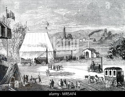 Kupferstich mit der Darstellung der rainhill Studien, in denen fünf Lokomotiven konkurrierten um den Vertrag für die Liverpool-Manchester Eisenbahn: Der Sieger Robert Stephenson's war Lok 'Rocket'. Robert Stephenson (1803-1859) einen frühen Eisenbahn- und Bauingenieur. Vom 19. Jahrhundert Stockfoto