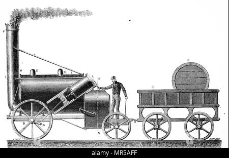 Gravur, Robert Stephensons Lokomotive 'Rocket'. Robert Stephenson (1803-1859) einen frühen Eisenbahn- und Bauingenieur. Vom 19. Jahrhundert Stockfoto