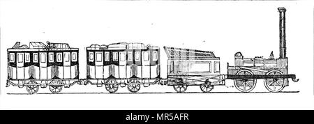 Gravur, Robert Stephensons Lokomotive 'Rocket'. Robert Stephenson (1803-1859) einen frühen Eisenbahn- und Bauingenieur. Vom 19. Jahrhundert Stockfoto