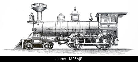 Kupferstich mit der Darstellung eines 4-4-0 American Express Lokomotive. Unter der Whyte Notation für die Klassifizierung von Dampflokomotiven durch Rad Anordnung, 4-4-0 stellt die Anordnung der vier führenden Rädern auf zwei Achsen, die in der Regel in einem Drehgestell, vier angetrieben und Antriebsrädern gekoppelt auf zwei Achsen, und keine trailing Räder. Vom 19. Jahrhundert Stockfoto