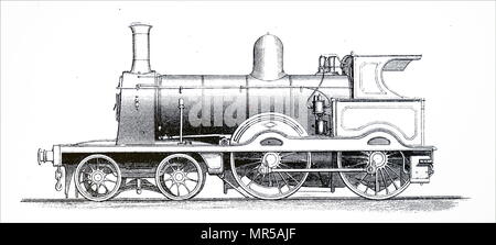 Kupferstich mit der Darstellung eines 4-4-0 Express Lokomotive. Unter der Whyte Notation für die Klassifizierung von Dampflokomotiven durch Rad Anordnung, 4-4-0 stellt die Anordnung der vier führenden Rädern auf zwei Achsen, die in der Regel in einem Drehgestell, vier angetrieben und Antriebsrädern gekoppelt auf zwei Achsen, und keine trailing Räder. Vom 19. Jahrhundert Stockfoto