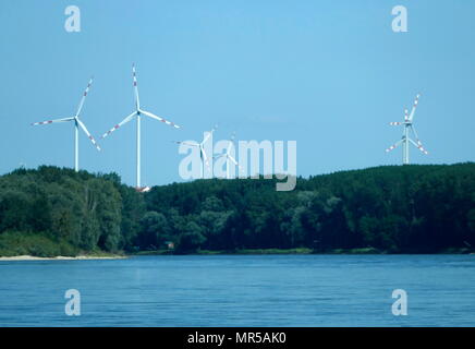 Foto von Windkraftanlagen neben der Donau in Wien, Österreich. Die Donau ist Europas längste Rive, und fließt durch 10 Länder für 2.860 km (1.780 Meilen). Vom 21. Jahrhundert Stockfoto