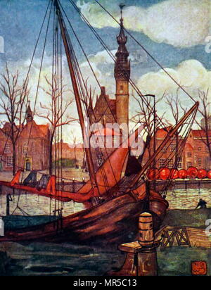 Gemälde mit dem Titel "Hafen Szene in Veer" von Nico Jungmann. Nico Jungmann (1872-1935) ein britisch-niederländischer Maler von Landschaften und figürlichen Themen. Vom 20. Jahrhundert Stockfoto