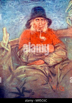 Gemälde mit dem Titel "Old Fisherman Rauchen einer Pfeife 'von Nico Jungmann. Nico Jungmann (1872-1935) ein britisch-niederländischer Maler von Landschaften und figürlichen Themen. Vom 20. Jahrhundert Stockfoto