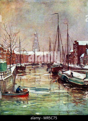 Gemälde mit dem Titel 'Winterlandschaft in Groningen, die den Kanal' von Nico Jungmann. Nico Jungmann (1872-1935) ein britisch-niederländischer Maler von Landschaften und figürlichen Themen. Vom 20. Jahrhundert Stockfoto