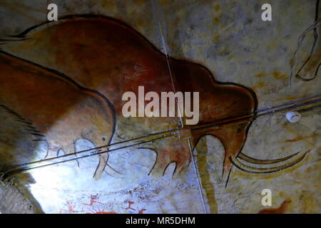 Replica Malerei aus der Höhle von Altamira (Cueva de Altamir) in der Nähe der historischen Stadt Santillana del Mar in Kantabrien, Spanien gelegen, ist für seine zahlreichen parietalen Höhlenmalereien mit kohlezeichnungen und polychrome Gemälde zeitgenössischer Flora und menschliche Hände, zwischen 18.500 und 14.000 Jahren während der jungpaläolithikum Erstellt von Paleo menschlichen Siedler bekannt. Die frühesten Bilder in der Höhle wurden rund 35.600 Jahren ausgeführt. Stockfoto