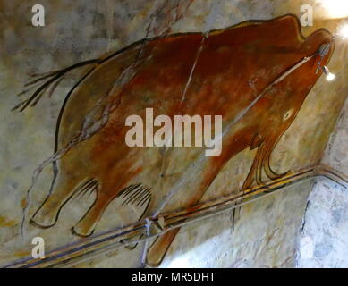 Replica Malerei aus der Höhle von Altamira (Cueva de Altamir) in der Nähe der historischen Stadt Santillana del Mar in Kantabrien, Spanien gelegen, ist für seine zahlreichen parietalen Höhlenmalereien mit kohlezeichnungen und polychrome Gemälde zeitgenössischer Flora und menschliche Hände, zwischen 18.500 und 14.000 Jahren während der jungpaläolithikum Erstellt von Paleo menschlichen Siedler bekannt. Die frühesten Bilder in der Höhle wurden rund 35.600 Jahren ausgeführt. Stockfoto