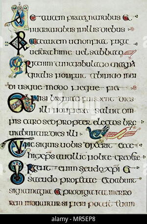 Seite Text FOL, 104 R. St. Mark. xiii. 17-2 2, aus dem Buch von Kells. Das Buch von Kells ist eine illuminierte Handschrift Evangelium Buch in Lateinamerika, mit den vier Evangelien des Neuen Testaments zusammen mit verschiedenen Vorbemerkung Texte und Tabellen. Es war in einem kolumban Kloster in Irland erstellt, C. 800 AD. Stockfoto