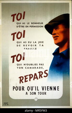 Französische Weltkrieg zwei propagandaplakat drängen junge französische Zivilisten in der deutschen Industrie zu arbeiten, um ihre Familien in Frankreich zu helfen. 1942. Stockfoto