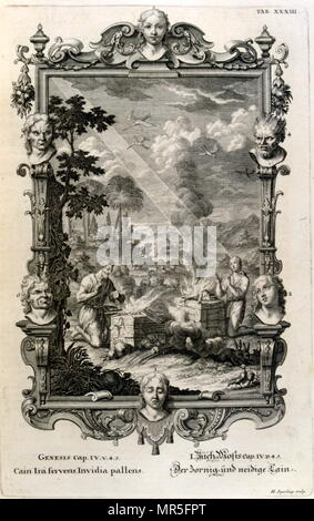 Kain und Abel Opfer zu Gott. In 'Körperbau sacrée Ill., ou histoire naturelle de la Bibel" 1732. Aus dem Lateinischen übersetzt von Jean Jacques Scheuchzer (1672-1733), Schweizer Gelehrter in Zürich geboren. Stiche von Jean André Pfeffel Stockfoto