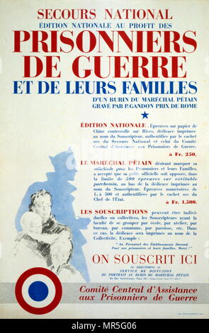 Französische Weltkrieg zwei Poster' Le Secours National'; Nationale Befreiung Poster, die Förderung der Hilfe für Kriegsgefangene. Stockfoto