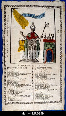 Niederländisch 19. Jahrhundert Abbildung des Hl. Hubertus oder Hubert (C. 656 - 30 727), Bischof von Lüttich in 708 AD. Er ist ein christlicher Heiliger, ist der Schutzpatron der Jäger, Mathematiker, Optiker, und Metallarbeiter. Wie der Apostel der Ardennen bekannt, wurde er aufgefordert, bis Anfang des 20. Jahrhunderts, Tollwut durch die Verwendung des traditionellen St. Hubert Schlüssel zur Heilung Stockfoto