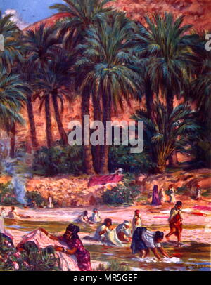 Gruppe arabischer Nomadenfrauen Wäsche waschen an eine Oase in der Wüste, von Nasreddine Dinet (Alphonse-Étienne Dinet); 1861 - 1929, französischer Orientalist Maler 1918 Stockfoto