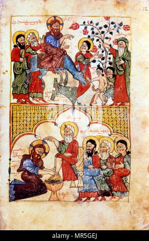 14. Jahrhundert, die Armenische Evangelische Manuskript, von Khisanetzi, der Einzug Christi in Jerusalem und das Waschen der Füße. 1392 Stockfoto