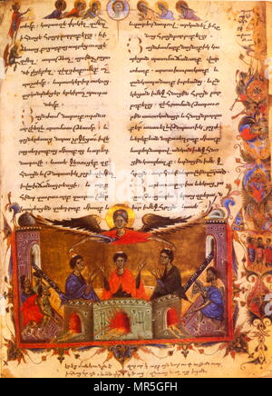 13. Jahrhundert, die Armenische Evangelische Manuskript, die drei Hebräer im Feuerofen, 1286. Schadrach, Meschach und Abed-Nego sind Zahlen aus Kapitel 3 des Buches Daniel, drei Hebräer geworfen in den feurigen Ofen, den Nebukadnezar, der König zu Babel, wenn Sie das Image der König zu Bogen ablehnen; die drei sind vor Schaden bewahrt und der König sieht vier Maenner in die Flammen, Stockfoto