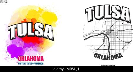 Tulsa, Oklahoma, Logo Design. Zwei in einem Vektor Kunst Großes Logo mit Vintage Briefe mit schönen farbigen Hintergrund und eine - Farbe - Version mit Karte für Ev Stock Vektor