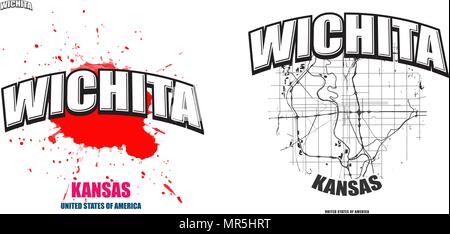 Wichita, Kansas, Logo Design. Zwei in einem Vektor Kunst Großes Logo mit Vintage Briefe mit schönen farbigen Hintergrund und eine - Farbe - Version mit Karte für Ev Stock Vektor