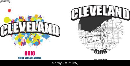 Cleveland, Ohio, Logo Design. Zwei in einem Vektor Kunst Großes Logo mit Vintage Briefe mit schönen farbigen Hintergrund und eine - Farbe - Version mit Karte für Ev Stock Vektor